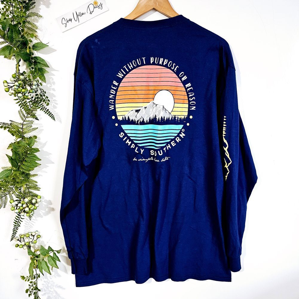 Simply Southern Long Sleeve T-Shirt Navy Blue Mountain Sunset Wander Graphic XL
